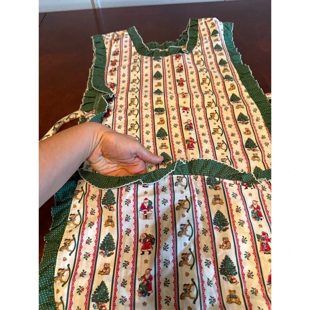 Vintage Christmas Pinafore Apron Santa Tree Teddy Bear Ruffle Green Polka Dot